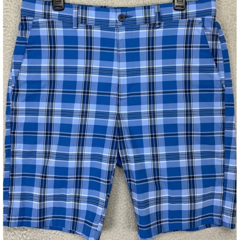 Jack Nicklaus Chino Golf Shorts Men 34 Tall Blue Plaid Flat Front Stretch Pocket